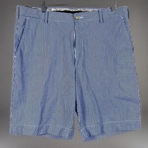 Berle Shorts Mens 36 Blue White Stripe Seersucker Cotton Flat Front